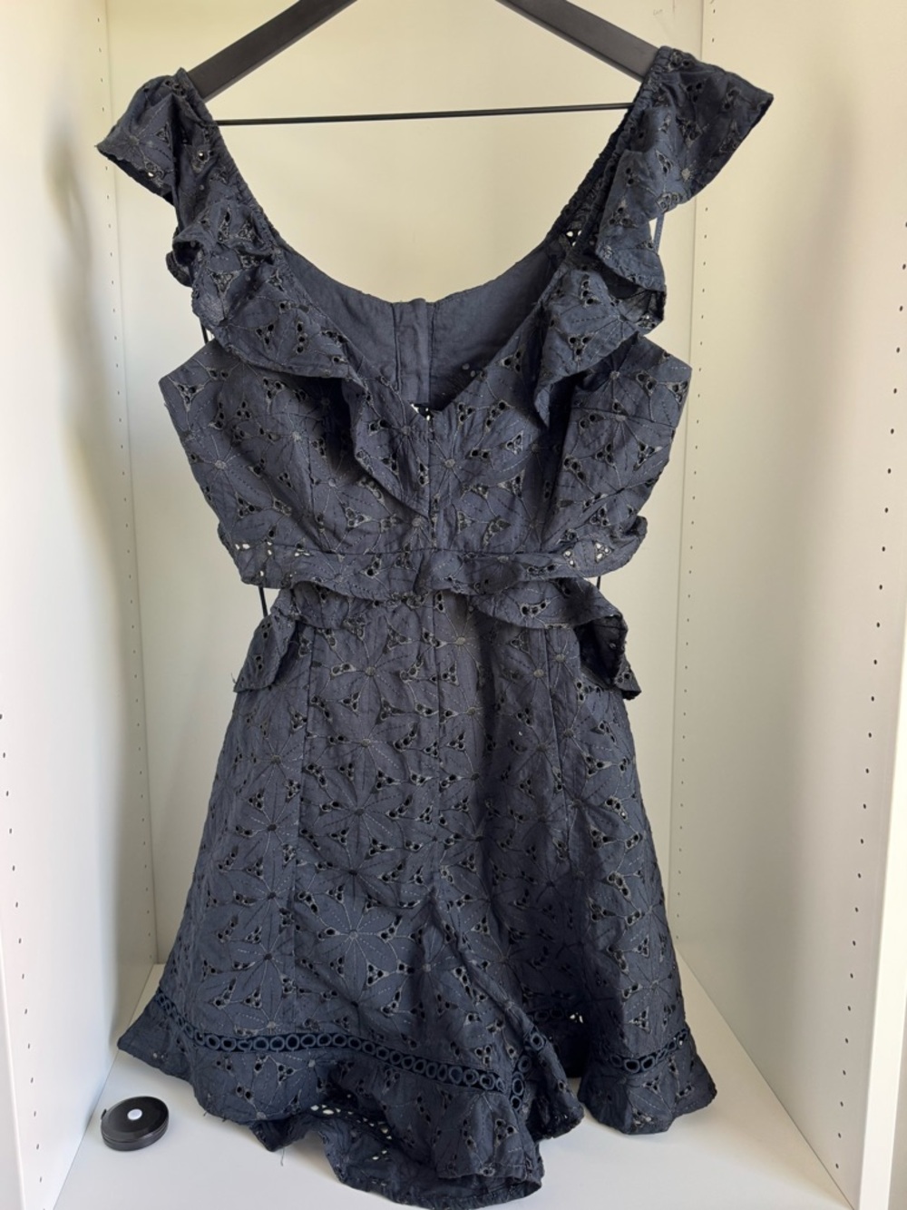 Astr Navy Eyelet Ruffle Backless Romper